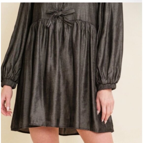 Cloud Ten S Metallic Black Bow Detail Long Sleeve Babydoll Dress - Picture 2 of 13